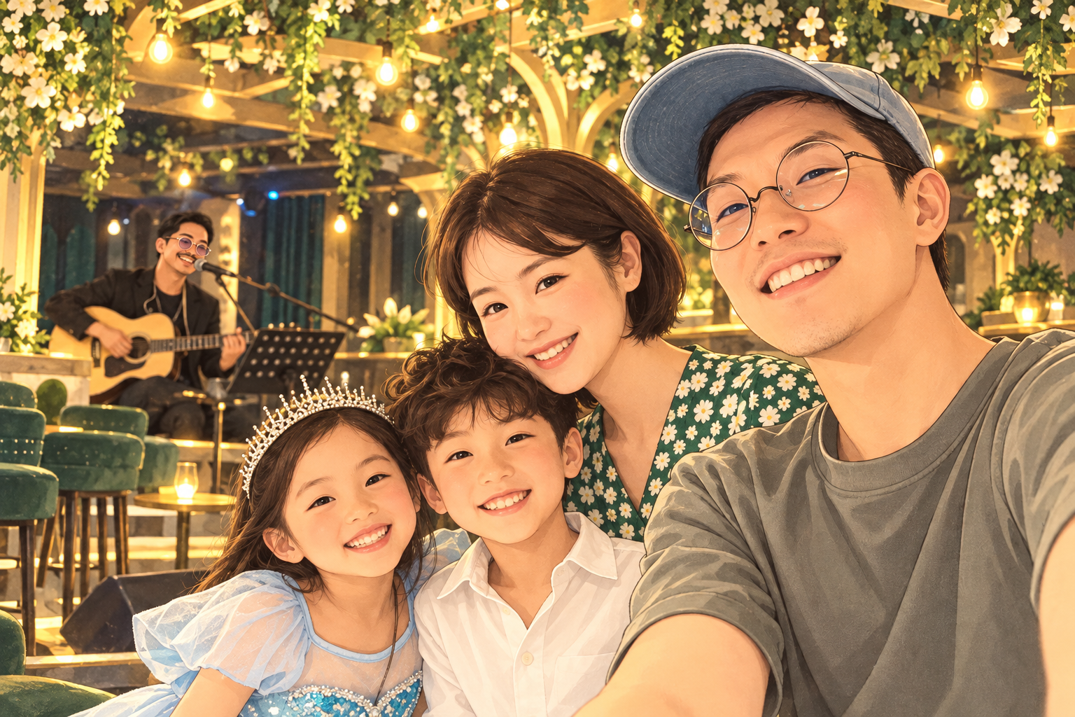 A smiling family of four beneath warm lights and greenery, with a musician singing behind them.